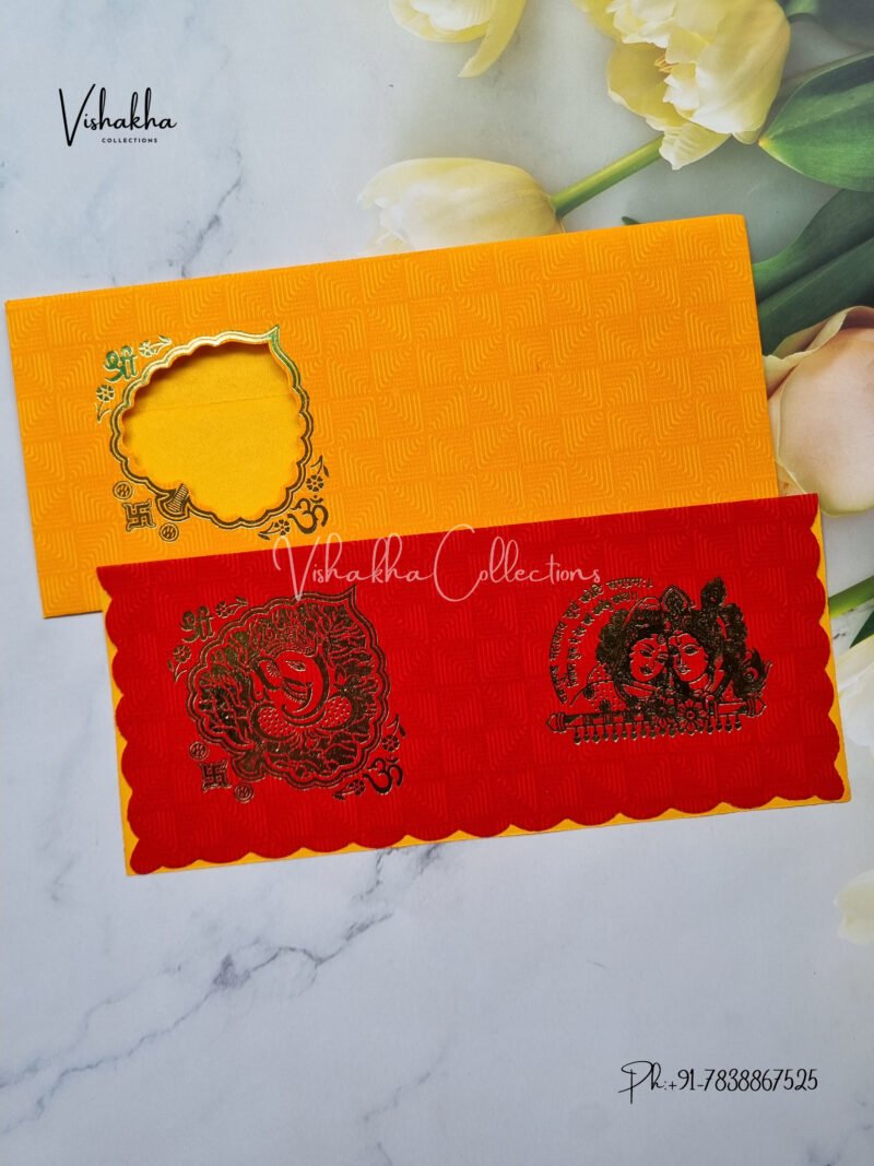 Yellow and Red Gold Paan Ganesh Shaadi Invite