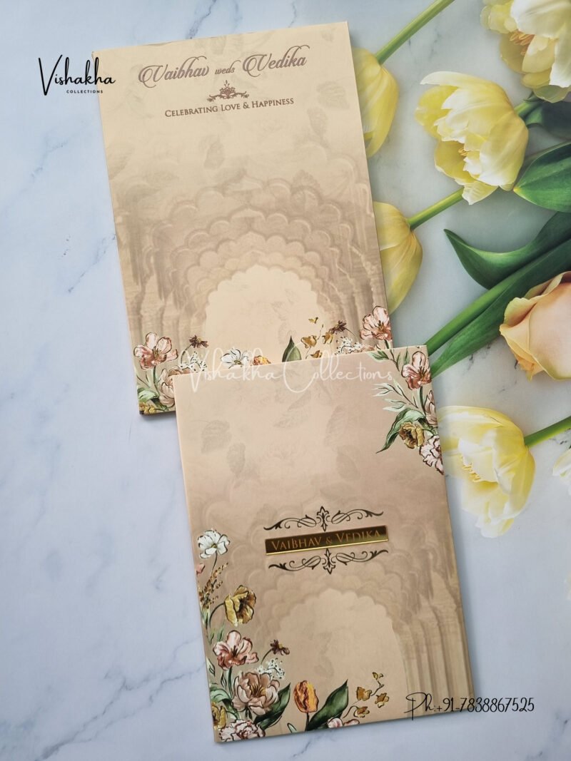 peach Floral padded with name plate Wedding Invitation Card SK-3187