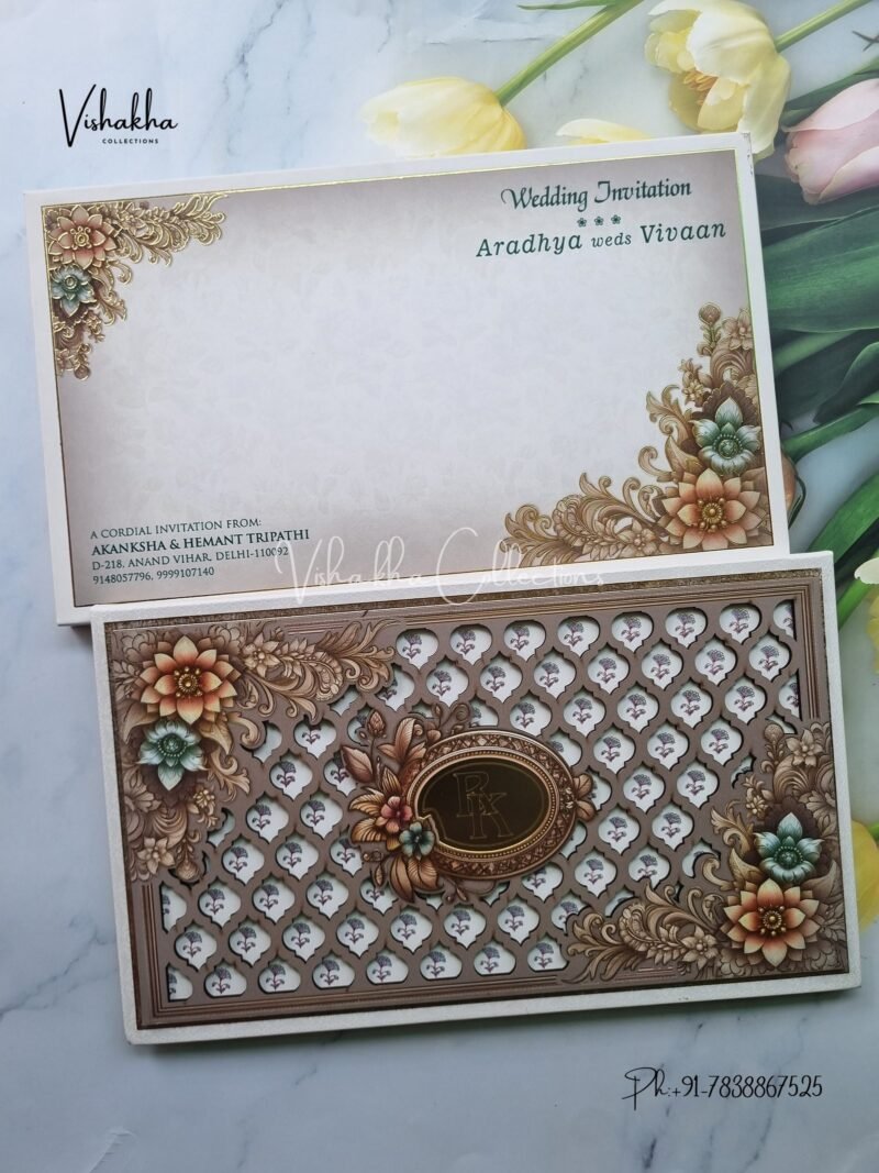 Barat Semi Box Flower Hindu Muslim Christian y Sikh Padded Laser Cut With Emblem invitation Cards EJ-4185