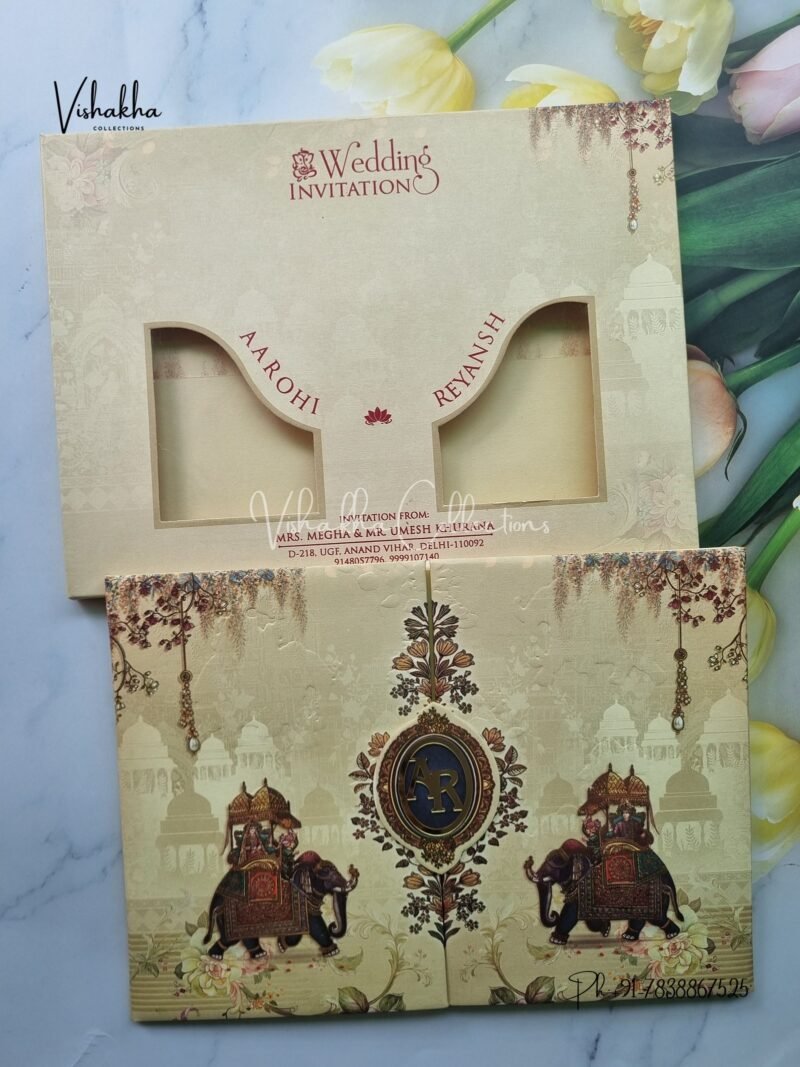 Barat Semi Box Hathi Dulah Dulhan Flower Double Door Hindu Padded With Emblem invitation Cards EJ-4040