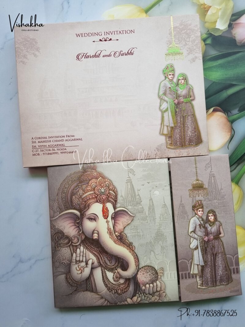 Barat Semi Box Hathi Ganesh Ji Dulah Dulhan Double Door Hindu Padded invitation Cards EJ-4012