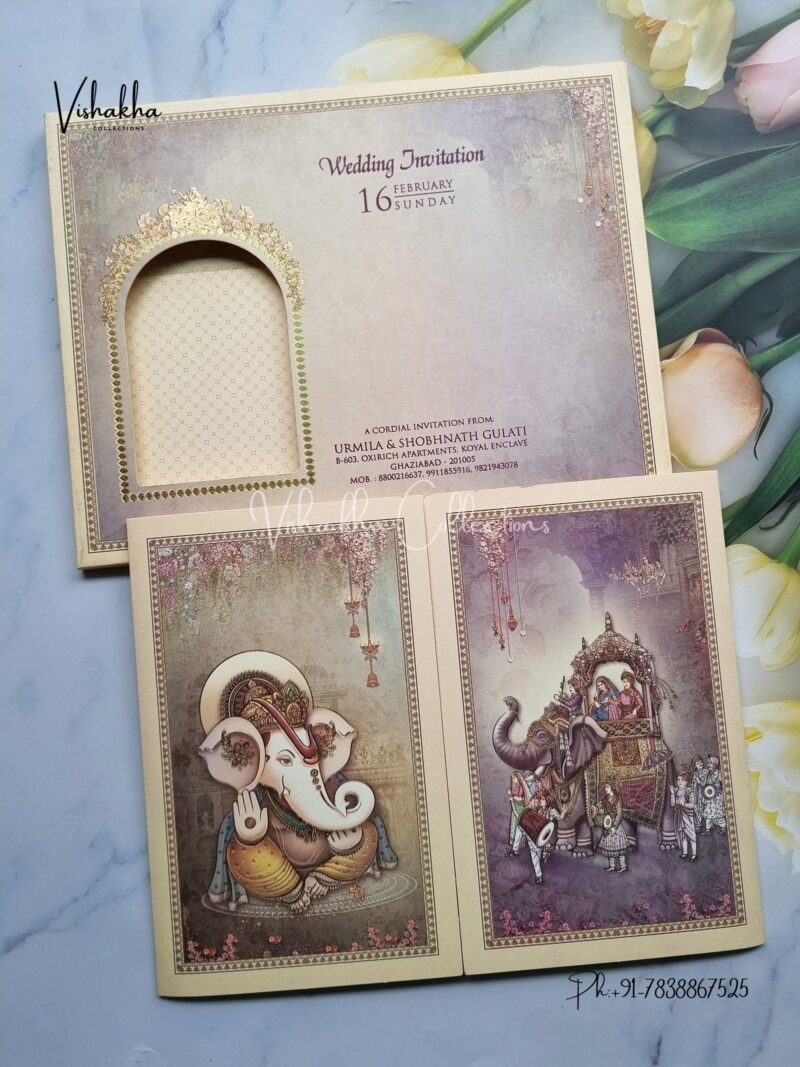 Barat Semi Box Hathi Ganesh Ji Dulah Dulhan Double Door Hindu invitation Cards EJ-4089