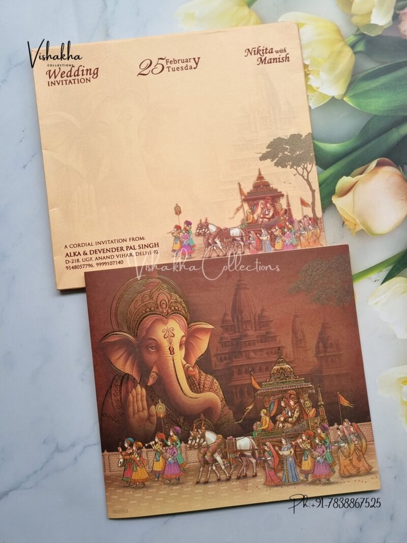 Barat Semi Box Hathi Ganesh Ji Dulah Dulhan Hindu invitation Cards EJ-4112