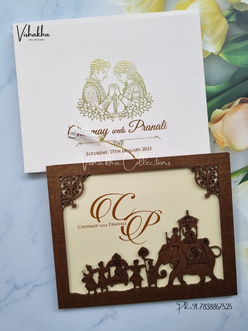 Barat Themed Semi Box Hathi Themed Hindu Wedding MDF Board Laser Cut Laser Cut Wedding invitation Cards - LN-779