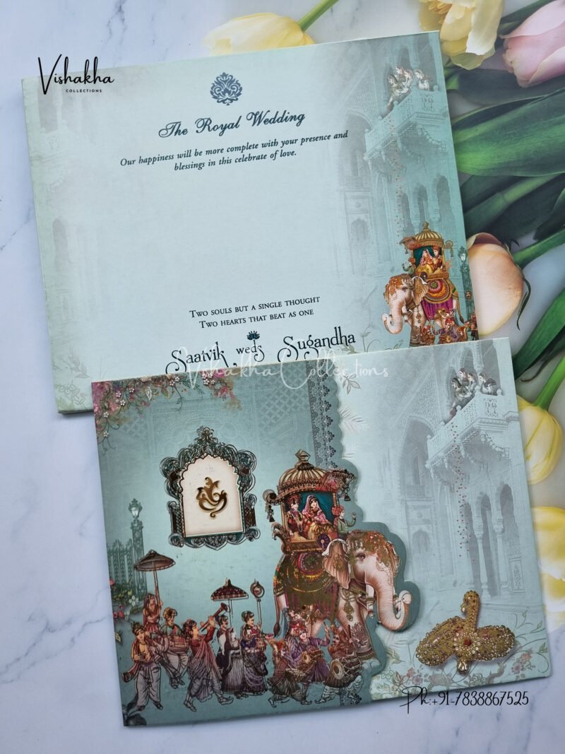 Doli Themed Barat Themed Semi Box Hathi Themed Dulah Dulhan Themed Flower Themed Double Door Hindu Wedding invitation Cards - CR-1036