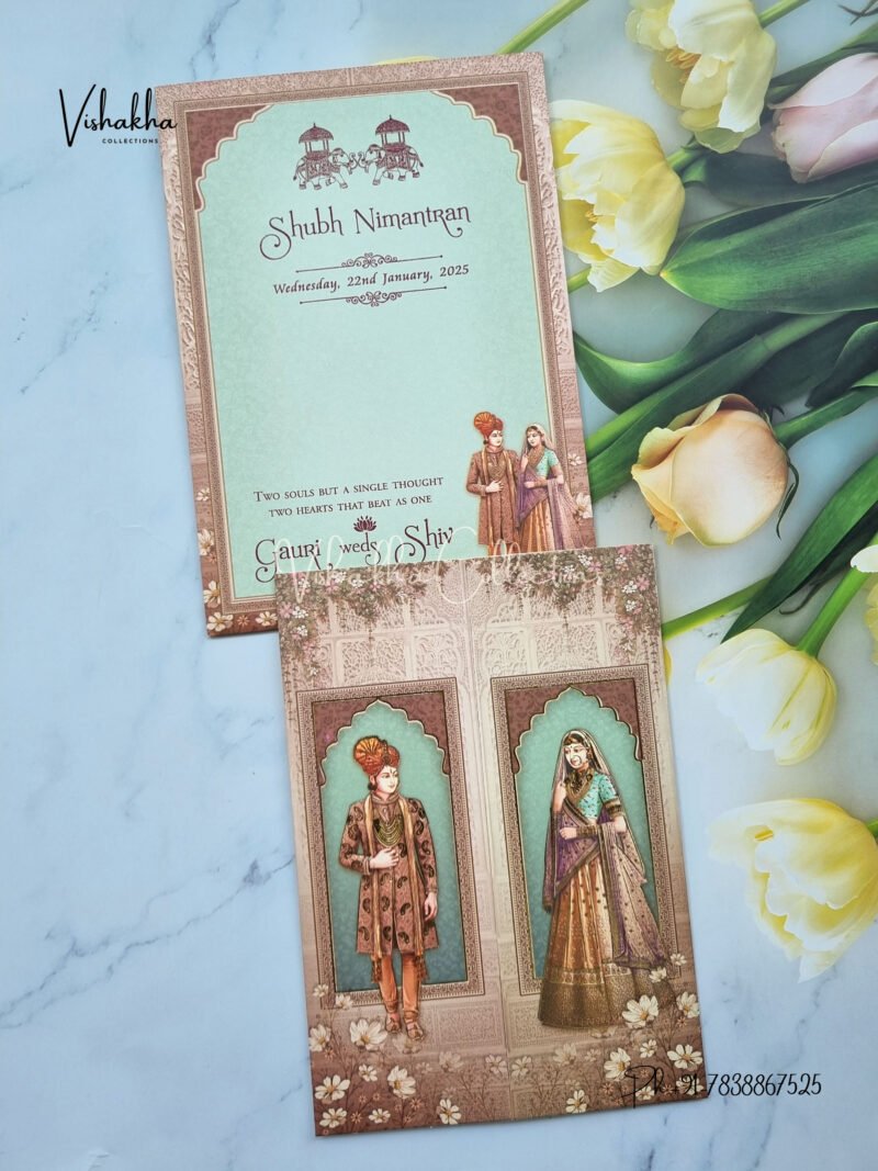 Dulah Dulhan Themed Flower Themed Double Door Hindu Wedding invitation Cards - CR-5006