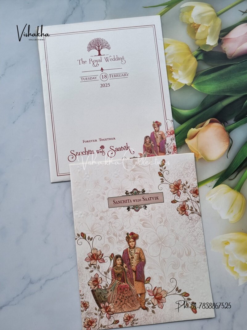 Dulah Dulhan Themed Flower Themed White And golden Color Hindu Wedding invitation Cards - CR-6017