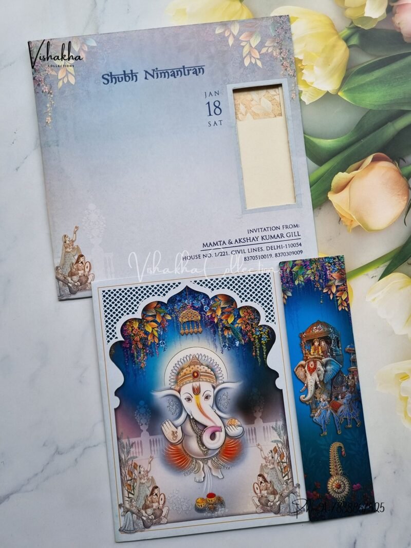 Hathi Ganesh Ji Dulah Dulhan Double Door Hindu invitation Cards EJ-4124