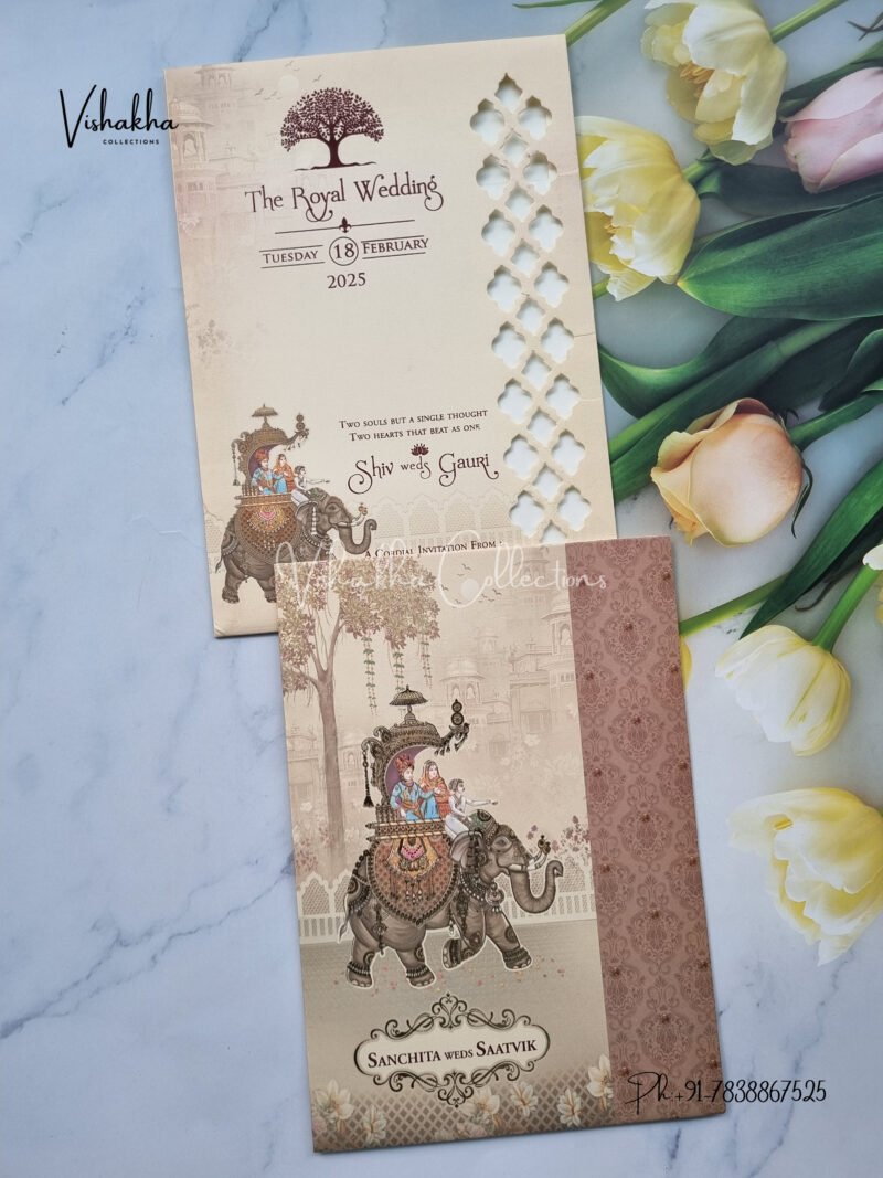 Hathi Themed Dulah Dulhan Themed Flower Themed Hindu Wedding invitation Cards - CR-5010