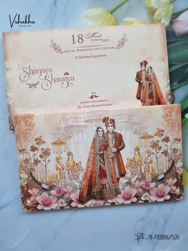 Peacock Barat Semi Box Dulah Dulhan Hindu invitation Cards ATS-5133