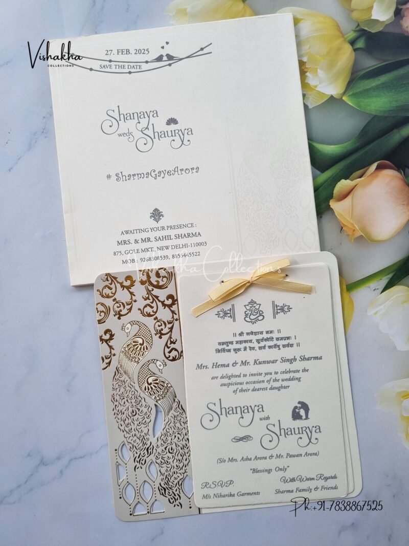 Peacock Semi Box White And golden Hindu Muslim Christian y Sikh invitation Cards ATS-1610