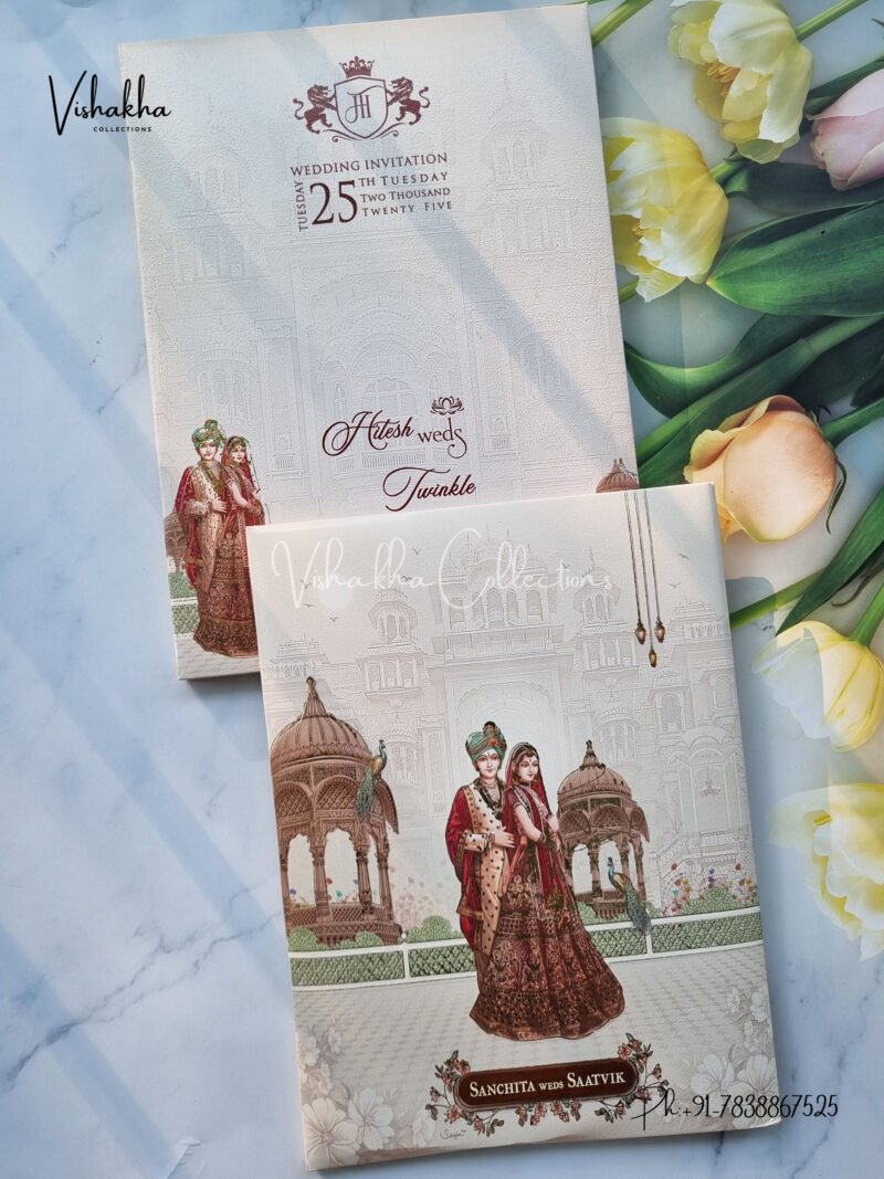 Peacock Themed Barat Themed Semi Box Hathi Themed Dulah Dulhan Themed Flower Themed Hindu Wedding Padded Wedding Exclusive Wedding Boxes invitation Cards - CR-5017