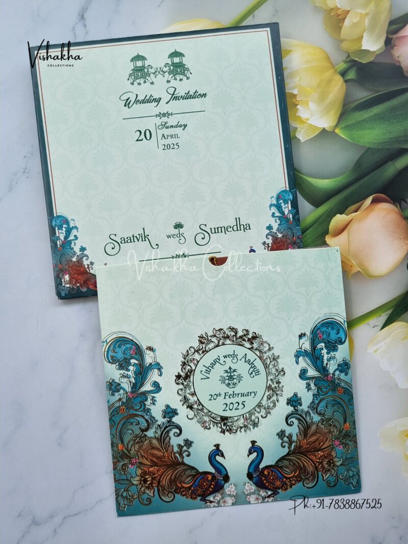 Peacock Themed Semi Box Flower Themed Hindu Wedding invitation Cards - CR-1069