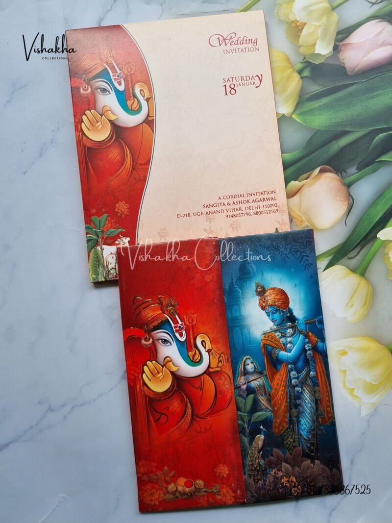 Radha Krishna Peacock Semi Box Ganesh Ji Double Door Hindu Padded invitation Cards EJ-4047