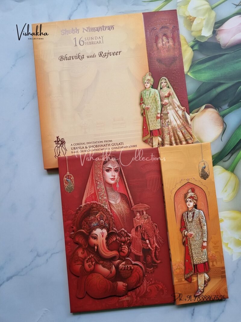 Radha Krishna Semi Box Ganesh Ji Double Door Hindu Padded invitation Cards EJ-4029