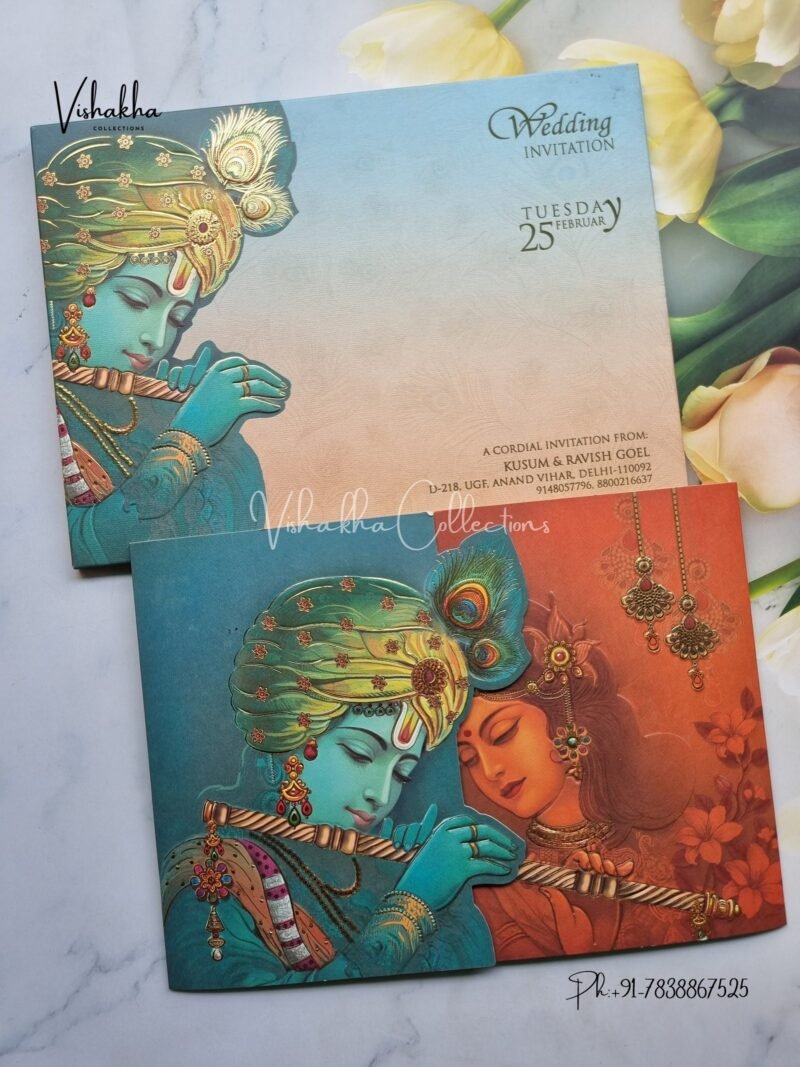 Radha Krishna Unique Concept Semi Box Double Door Hindu Unique Color invitation Cards EJ-4094