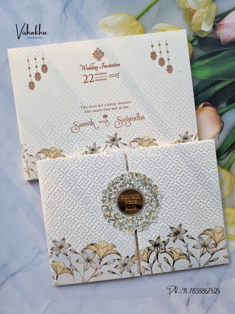 Semi Box Double Door White And golden Color Hindu Wedding Muslim Wedding Christian Wedding Sikh Wedding Padded Wedding invitation Cards - CR-555C