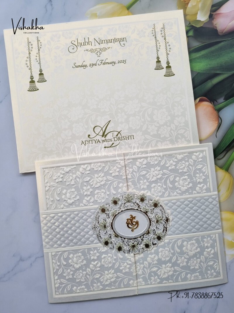 Semi Box Double Door White And golden Color Hindu Wedding invitation Cards - CR-504C