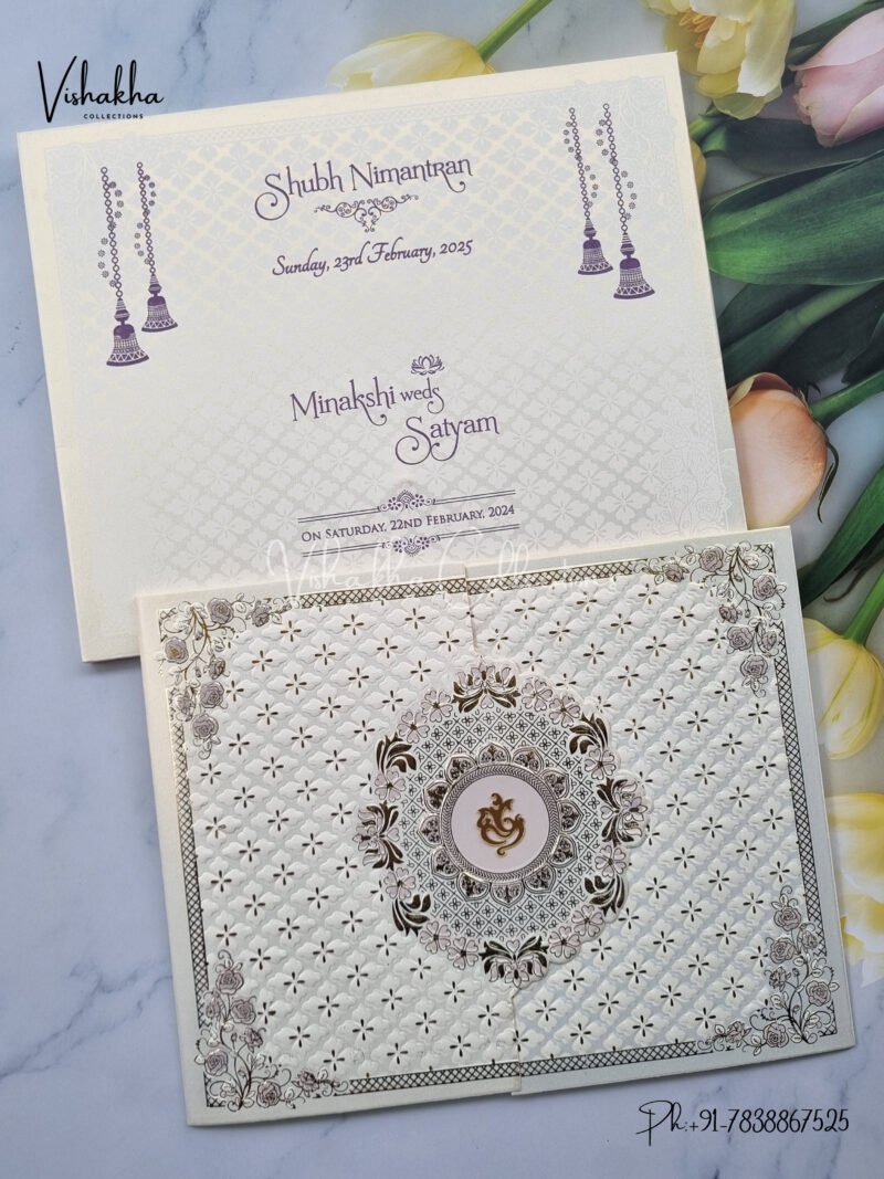 Semi Box Double Door White And golden Color Hindu Wedding invitation Cards - CR-506B