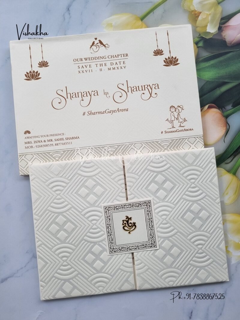 Semi Box Double Door White And golden Hindu Padded invitation Cards ATS-1244