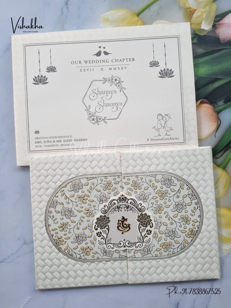 Semi Box Double Door White And golden Hindu Padded invitation Cards ATS-1246