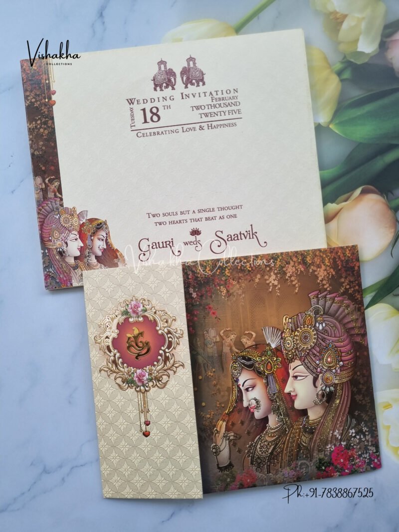 Semi Box Dulah Dulhan Themed Flower Themed Double Door Hindu Wedding invitation Cards - CR-1029