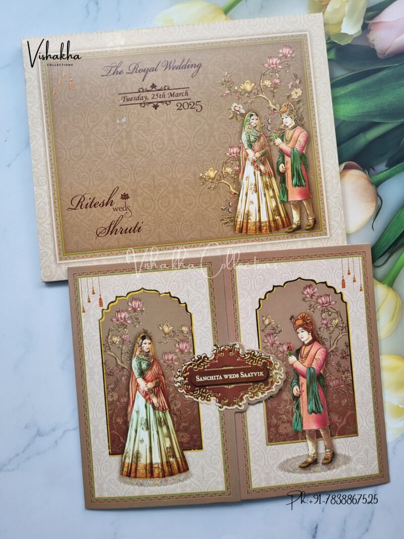 Semi Box Dulah Dulhan Themed Flower Themed Double Door Hindu Wedding invitation Cards - CR-5051