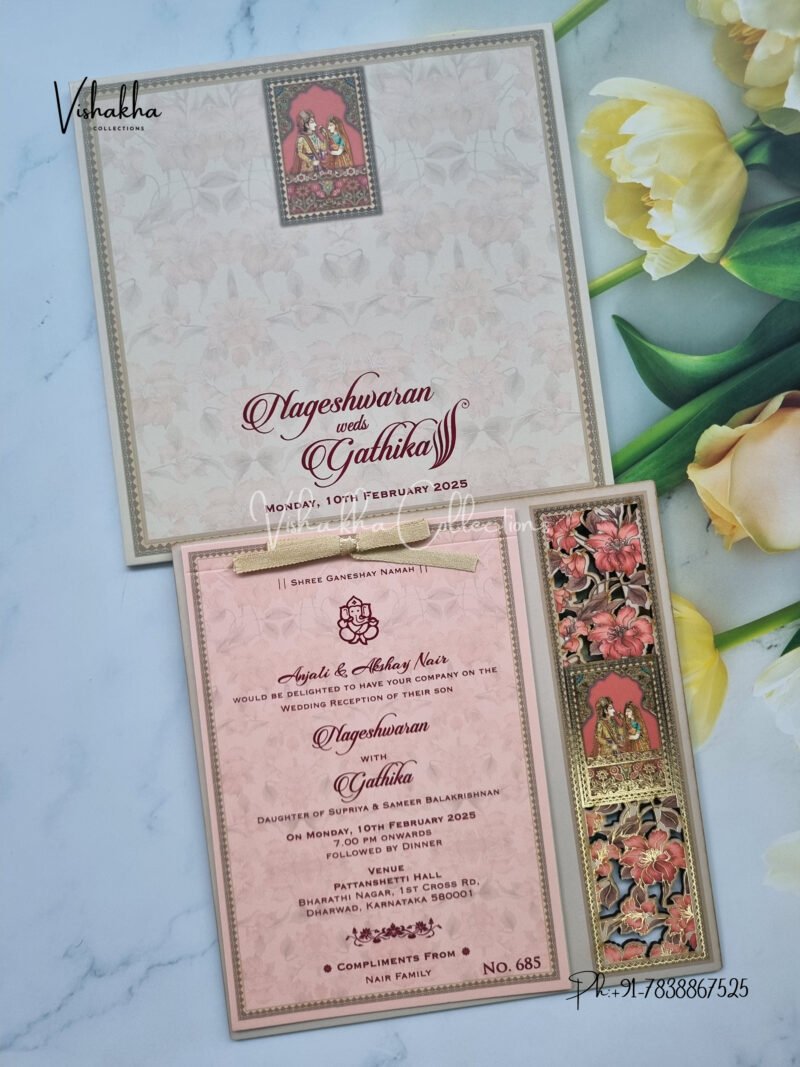 Semi Box Dulah Dulhan Themed Flower Themed Hindu Wedding MDF Board Laser Cut Laser Cut Wedding invitation Cards - LN-685