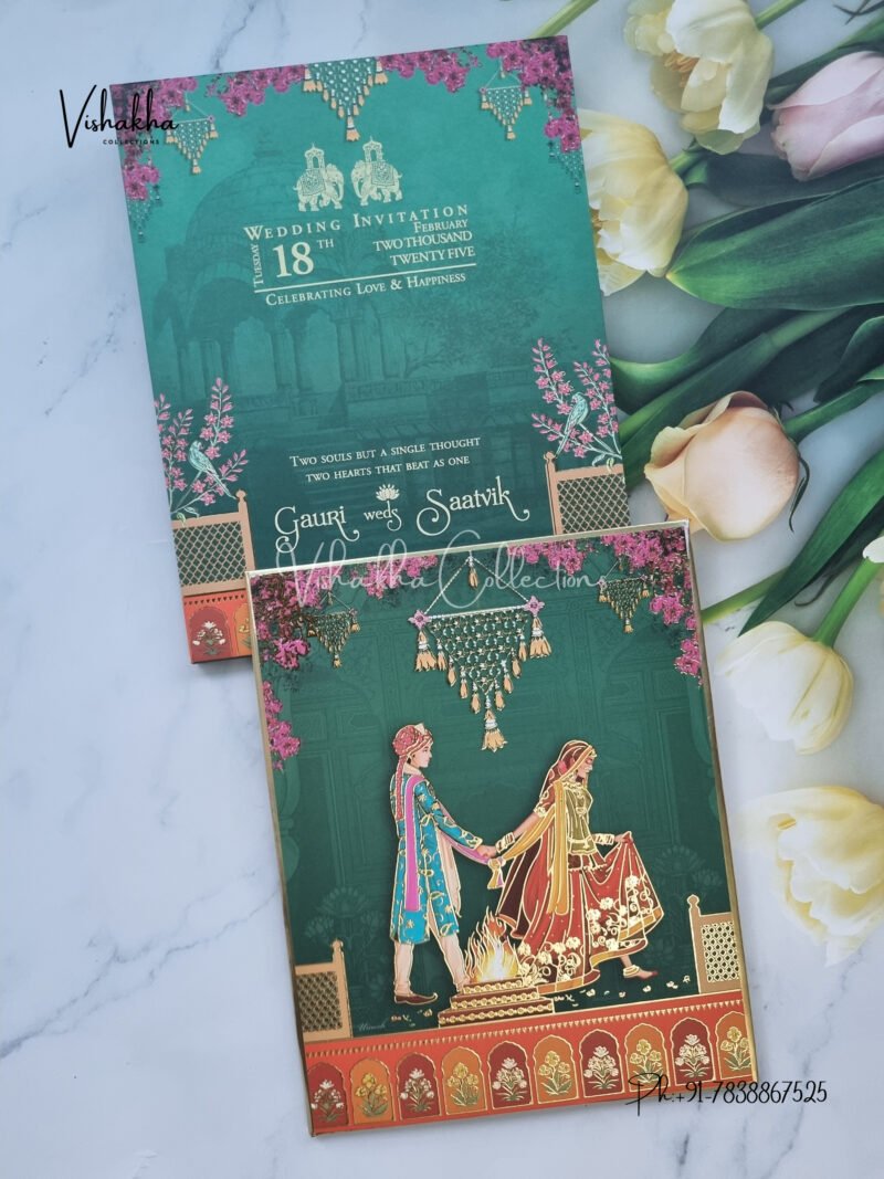 Semi Box Dulah Dulhan Themed Flower Themed Hindu Wedding Padded Wedding invitation Cards - CR-8031