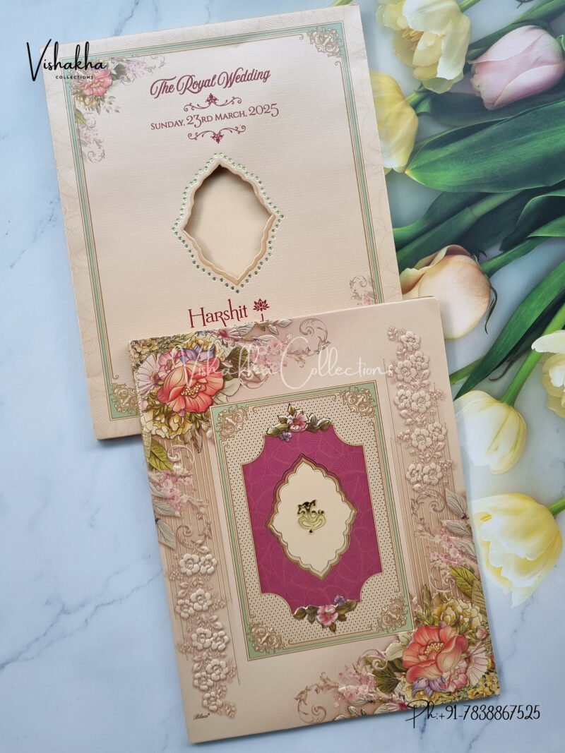 Semi Box Flower Themed Hindu Wedding invitation Cards - CR-6022