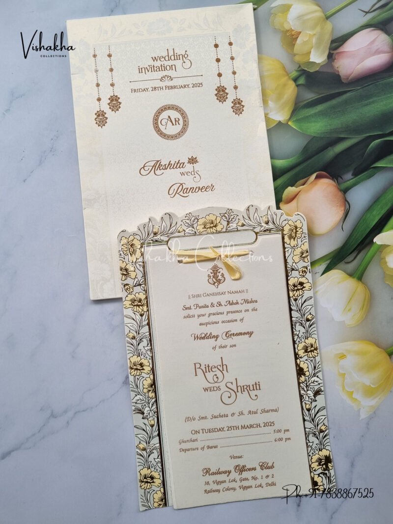 Semi Box Flower Themed White And golden Color Hindu Wedding Muslim Wedding Christian Wedding Sikh Wedding invitation Cards - CR-271