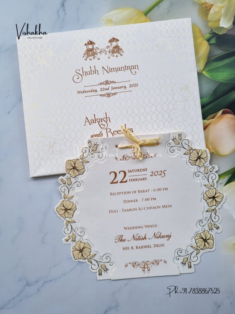 Semi Box Flower Themed White And golden Color Hindu Wedding Muslim Wedding Christian Wedding Sikh Wedding invitation Cards - CR-543