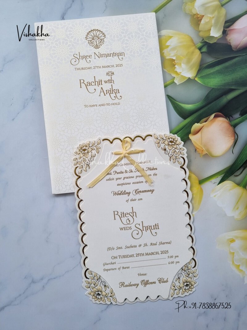 Semi Box Flower Themed White And golden Color Hindu Wedding Muslim Wedding Christian Wedding Sikh Wedding invitation Cards - CR-544