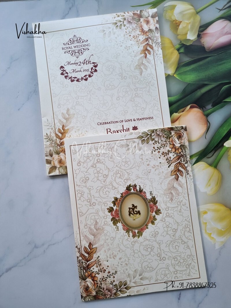 Semi Box Flower Themed White And golden Color Hindu Wedding invitation Cards - CR-6023