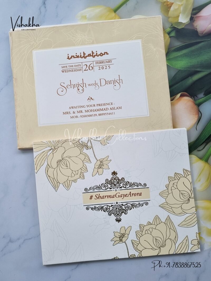 Semi Box Flower White And golden Hindu Muslim Christian Sikh invitation Cards ATS-1541