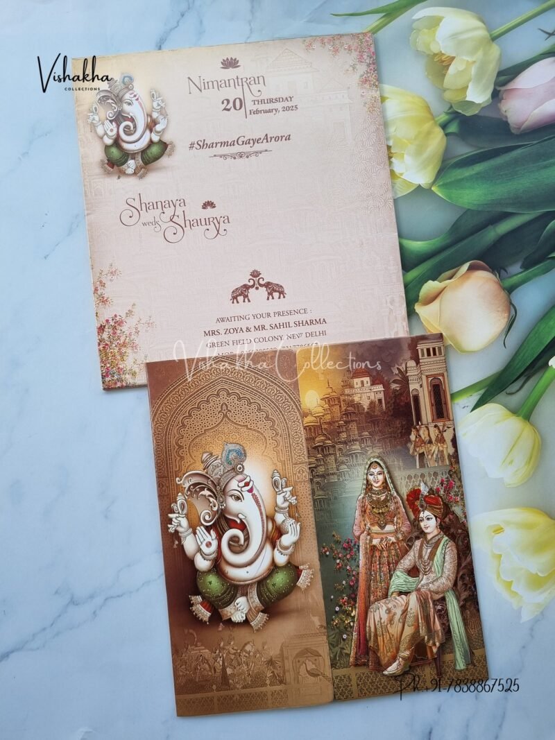 Semi Box Ganesh Ji Dulah Dulhan Double Door Hindu invitation Cards ATS-5105