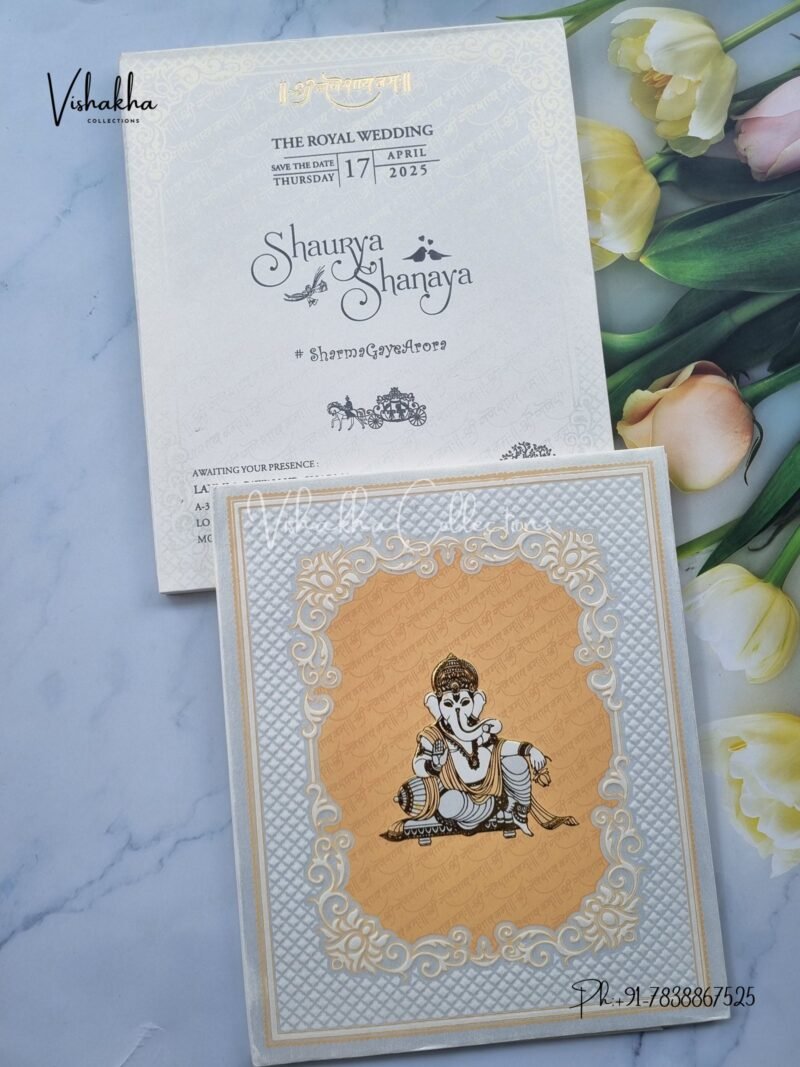 Semi Box Ganesh Ji White And golden Hindu Padded invitation Cards ATS-1249