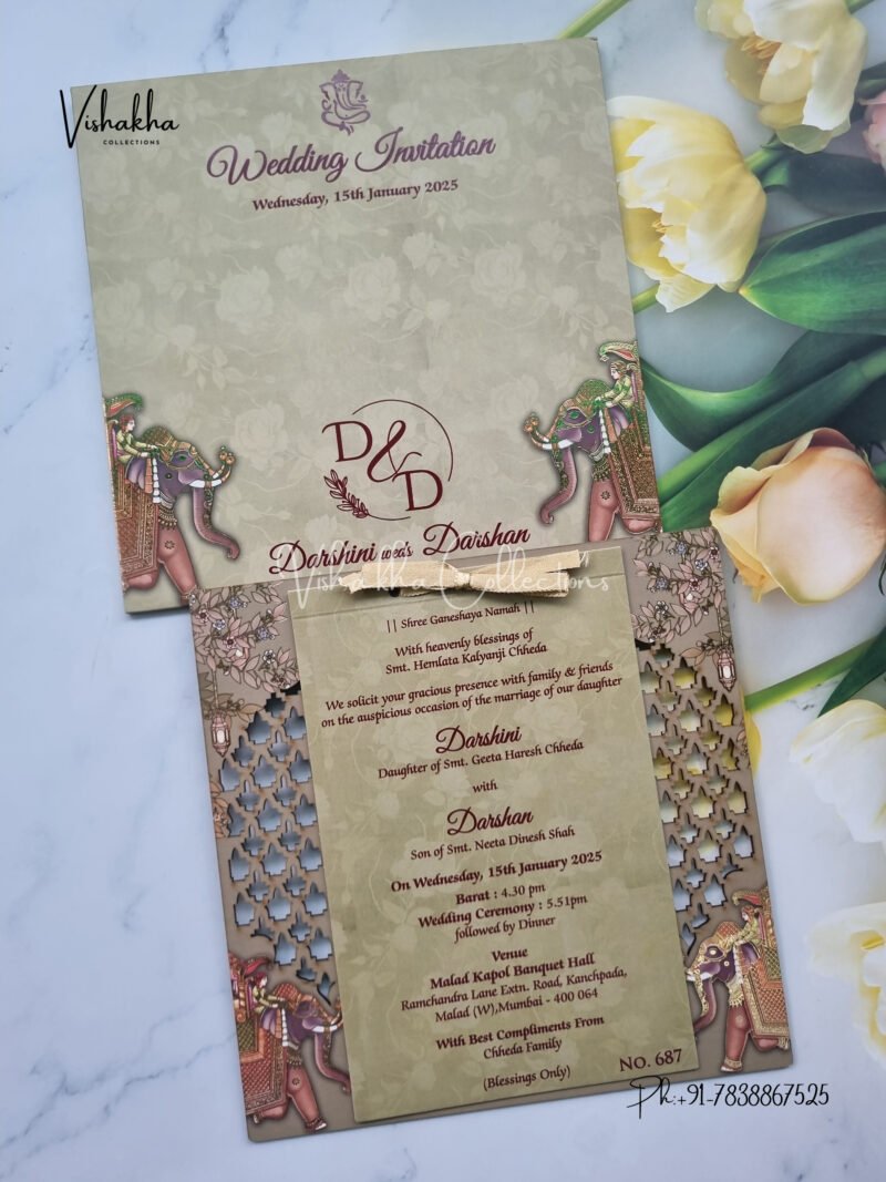 Semi Box Hathi Themed Flower Themed Hindu Wedding MDF Board Laser Cut Laser Cut Wedding invitation Cards - LN-687