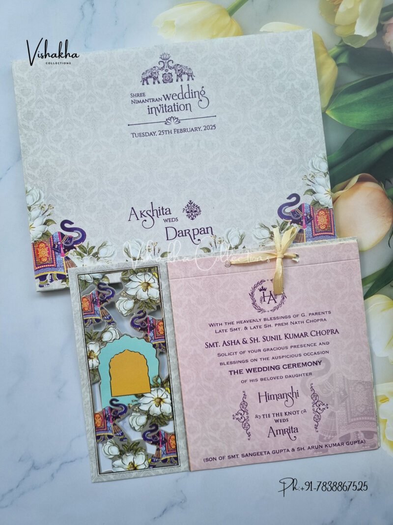 Semi Box Hathi Themed Flower Themed Hindu Wedding invitation Cards - CR-5075