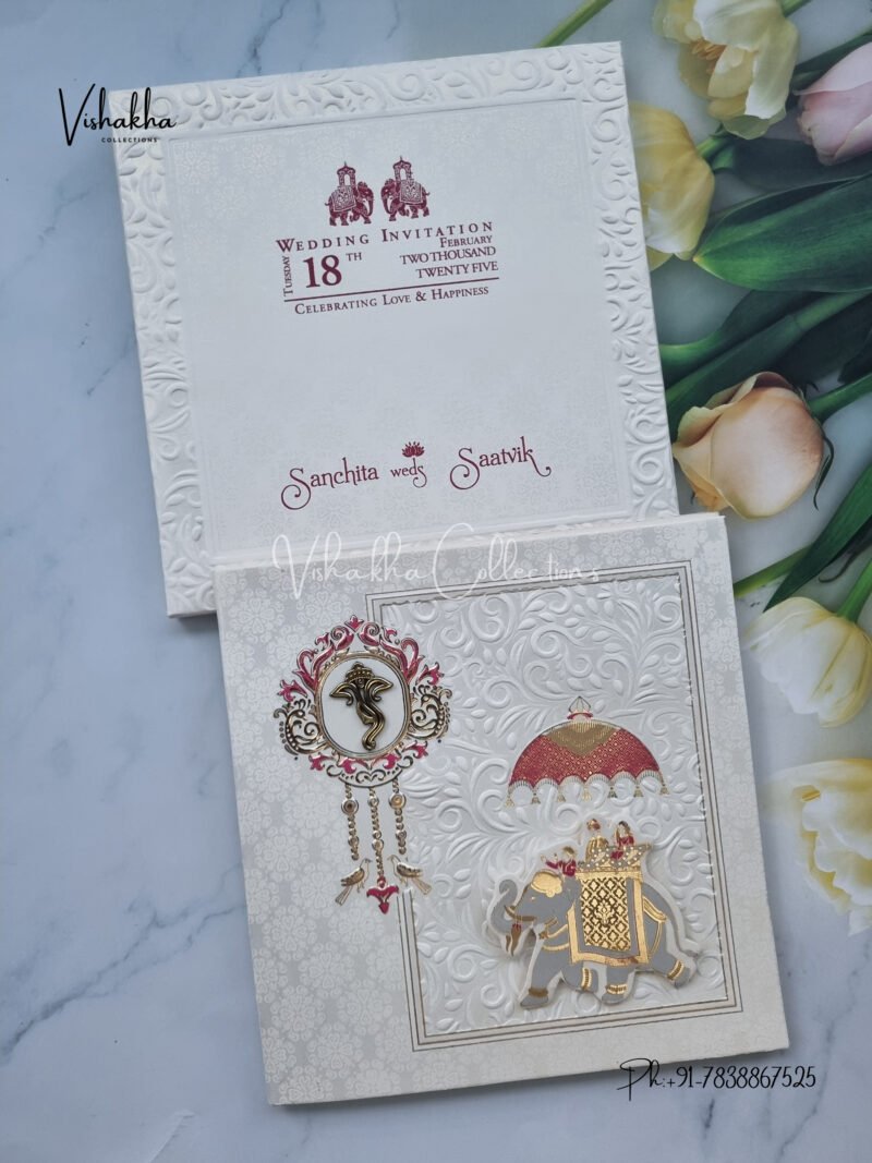 Semi Box Hathi Themed White And golden Color Hindu Wedding invitation Cards - CR-211