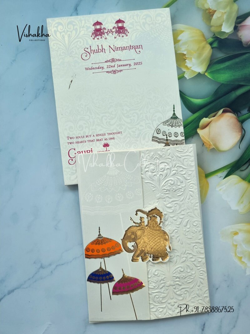 Semi Box Hathi Themed White And golden Color Hindu Wedding invitation Cards - CR-225