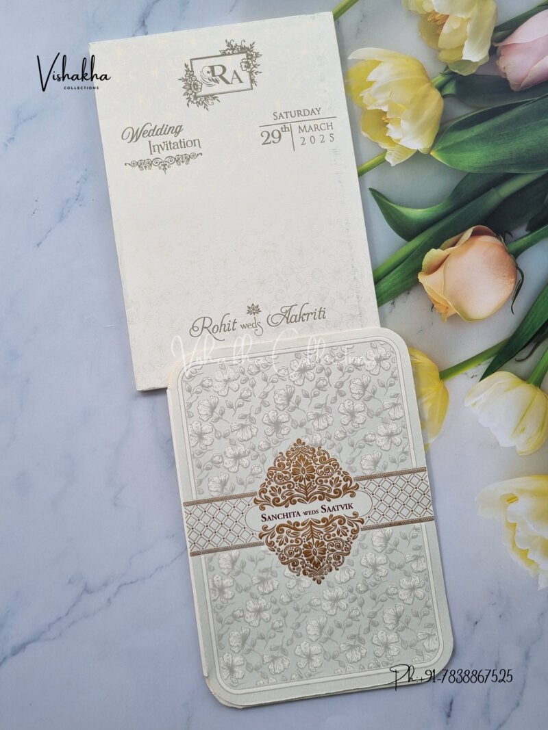 Semi Box White And golden Color Hindu Wedding Muslim Wedding Christian Wedding Sikh Wedding invitation Cards - CR-532G