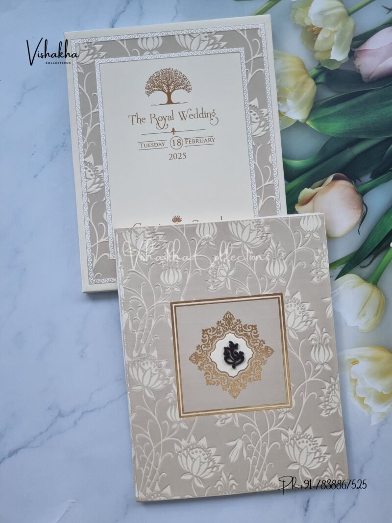 Semi Box White And golden Color Hindu Wedding invitation Cards - CR-222C