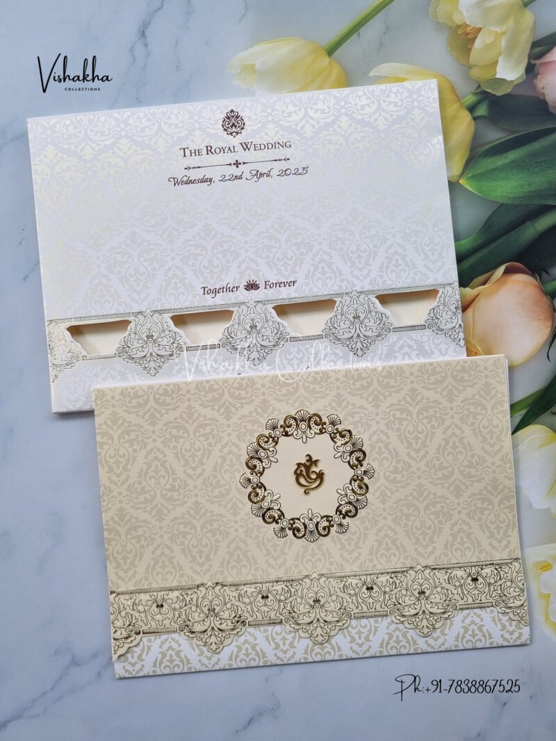 Semi Box White And golden Color Hindu Wedding invitation Cards - CR-517C