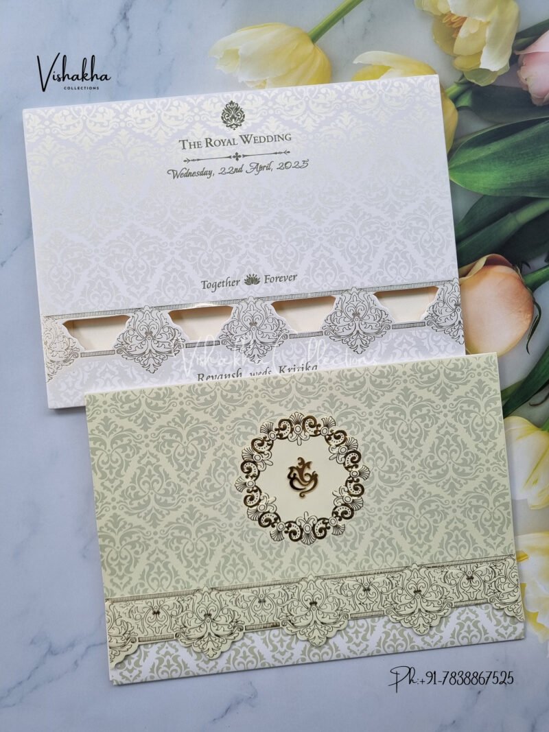 Semi Box White And golden Color Hindu Wedding invitation Cards - CR-517P