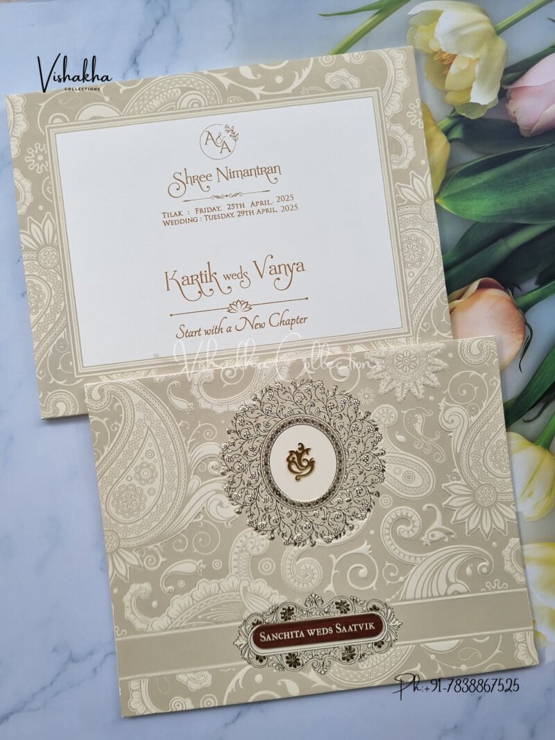 Semi Box White And golden Color Hindu Wedding invitation Cards - CR-520C