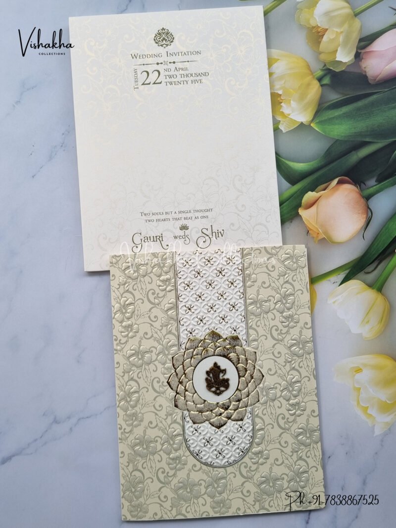 Semi Box White And golden Color Hindu Wedding invitation Cards - CR-523C