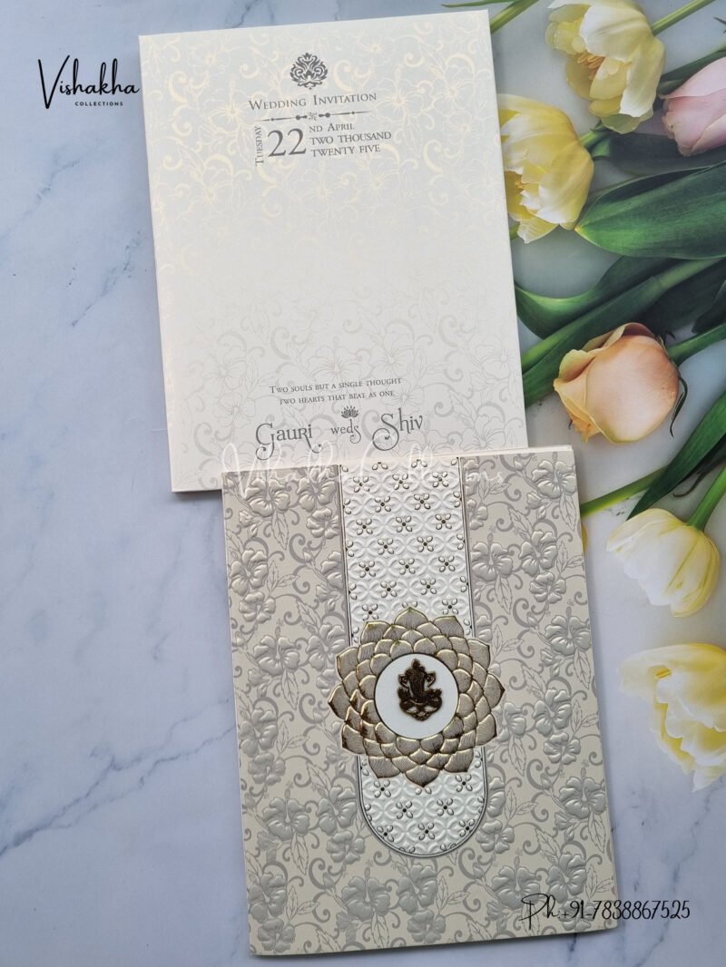 Semi Box White And golden Color Hindu Wedding invitation Cards - CR-523G