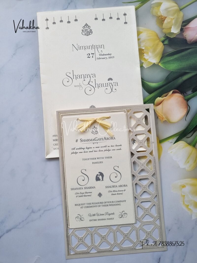 Semi Box White And golden Hindu Muslim Christian Sikh invitation Cards ATS-1604