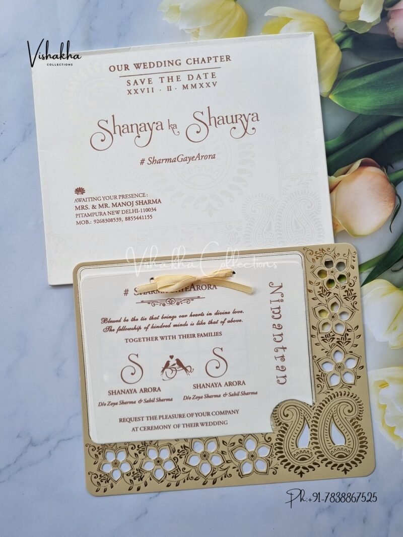 Semi Box White And golden Hindu Muslim Christian Sikh invitation Cards ATS-1608